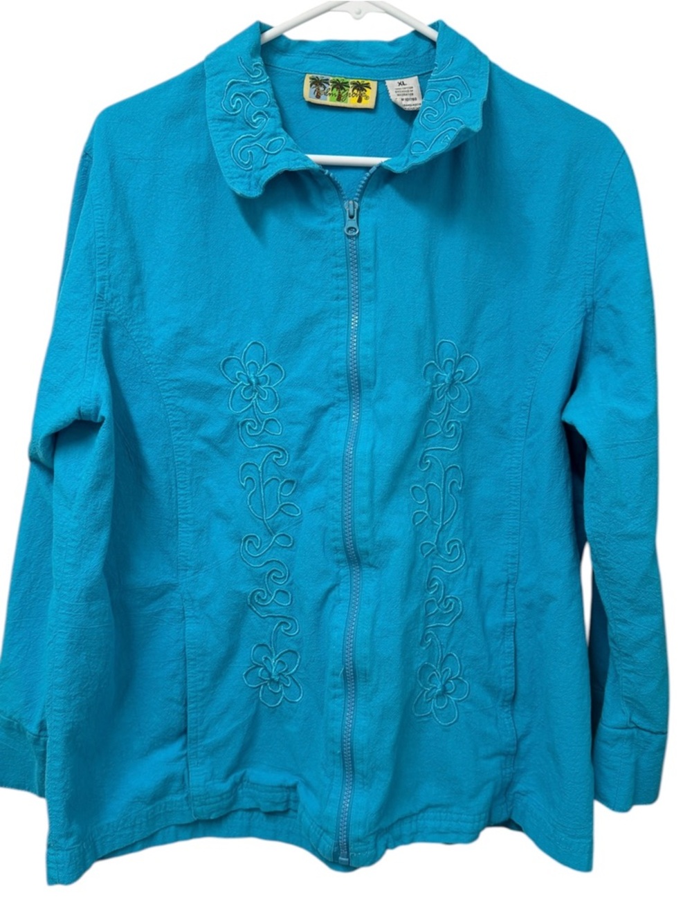Palm Grove Turquoise Embroidered Zip Jacket XL
